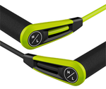 Close-up of Plus T-Handle jump ropes, black/green, with H/L logos and Chamois Grip.