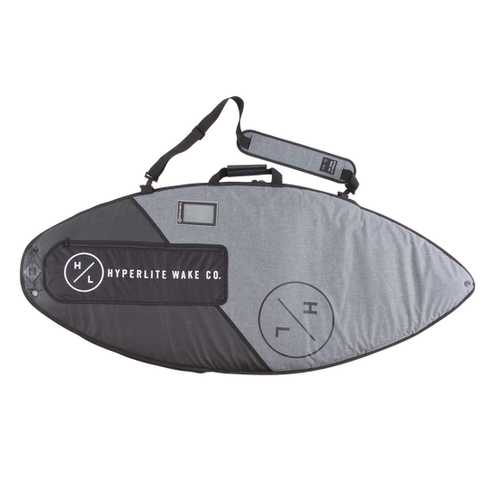 Gray Wakesurf Bag with black accents and shoulder strap for heavy-duty use.