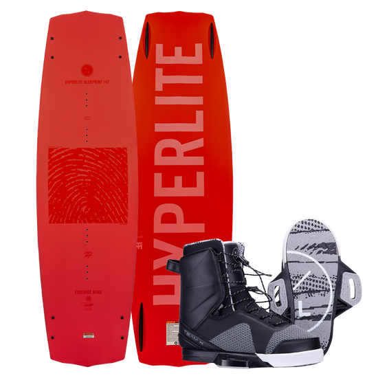 Red Blueprint w/Team X Binding wakeboard with boots and Hyperlite fingerprint design.