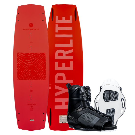 Red Hyperlite Blueprint w/Team OT bindings, continuous rocker wakeboard.