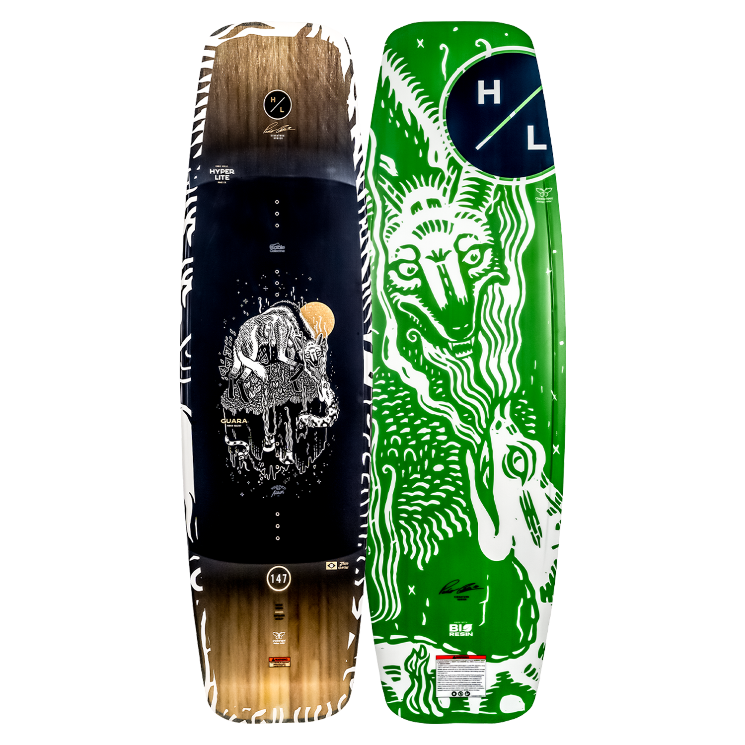 Guara: An eco-friendly wakeboard with artistic animal and abstract symbol designs.