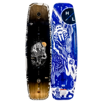 Guara wakeboards have abstract animal designs in black, white, and blue with eco-friendly materials.