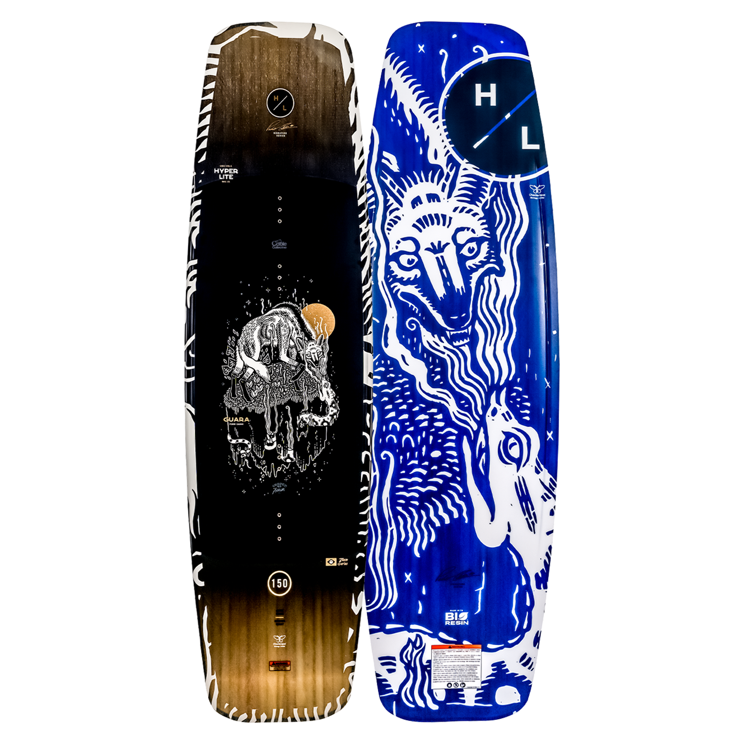 Guara wakeboards have abstract animal designs in black, white, and blue with eco-friendly materials.