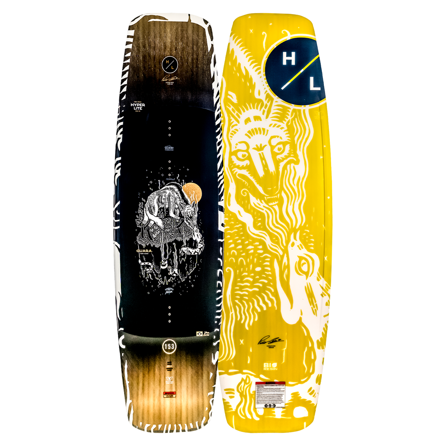 Two Guara wakeboards with eco-friendly black and yellow graphic designs.