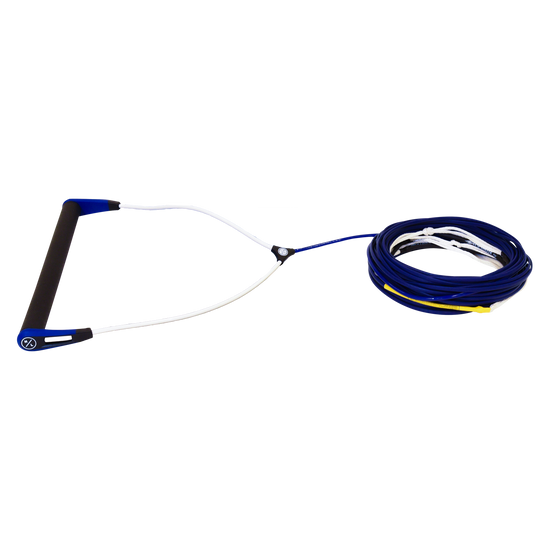 Team Rope Package: Wakeboard handle with suede grip & neatly coiled blue rope.