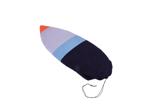 Surf Sock: Blue, black, orange cover with drawstring closure.